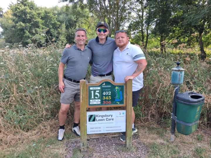 Kingsbury Lawn Care team members Jack, Stan and Matt at the sponsored 15th hole at Aston Wood Golf Club | Kingsbury Lawn Care