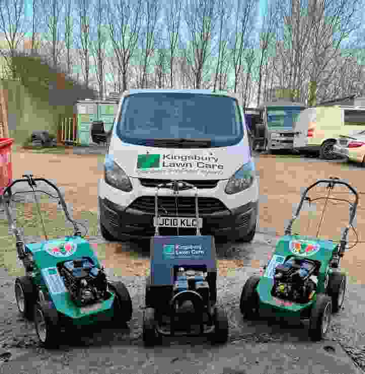 This image is of three lawn aerators with a Kingsbury Lawn Care van behind ready for action as part of our lawn services