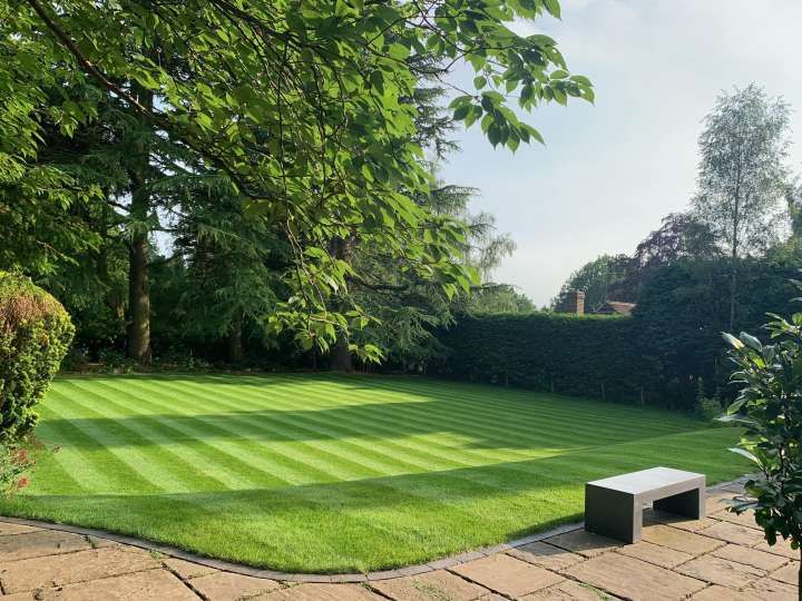 Striped customer lawn bordered by trees and a stone patio