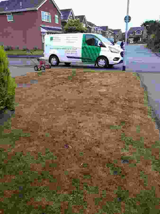 This image of a lawn in need of repair with one of our vans and scarifiers in the background