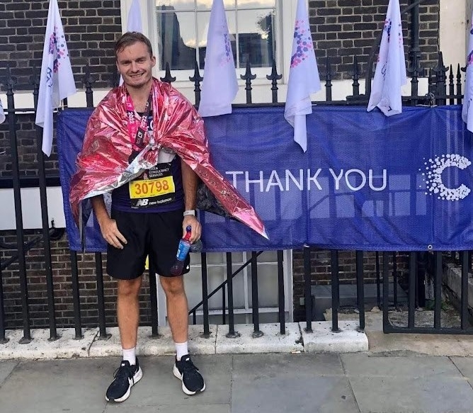 This image is of our founder and lawn expert Jack Chapman looking worse for wear following running the London Marathon!