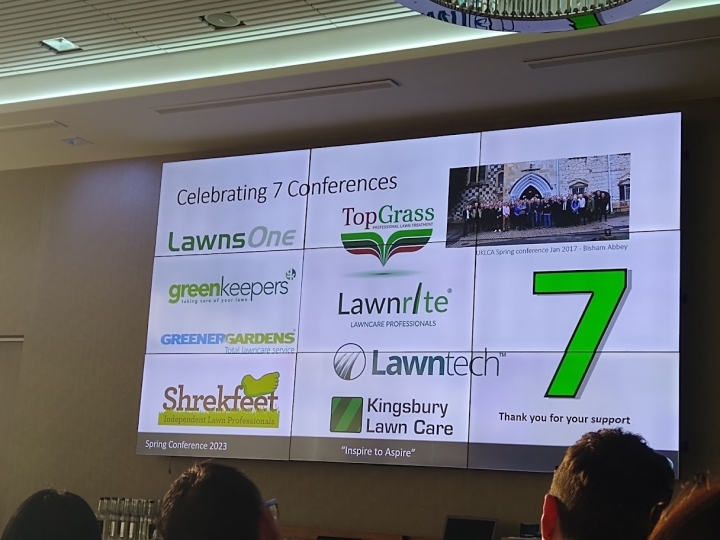 This image of of a slide at the UKLCA Conference showing Kingsbury Lawn Care as one of only 7 lawn care companies to have attended all 7 conferences