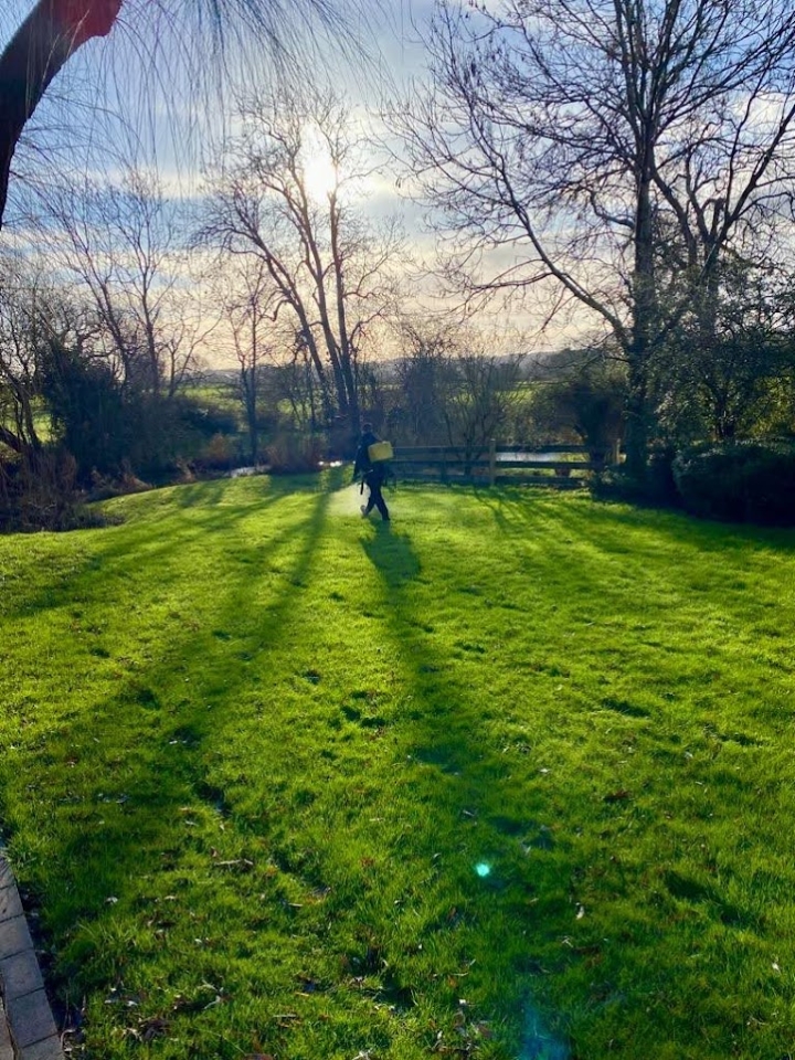 This image is of one of our lawn experts in the distance making a lawn treatment service application