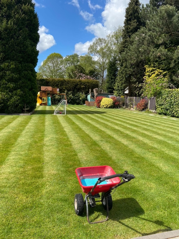 This image is of a large lawn benefitting from a lawn treatment service with a spreader in the foreground ready to apply a fertiliser treatment