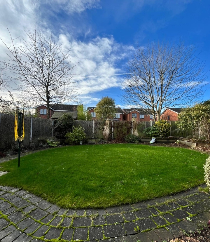 A healthy green lawn which has benefitted from a recent treatment with a clear blue sky too