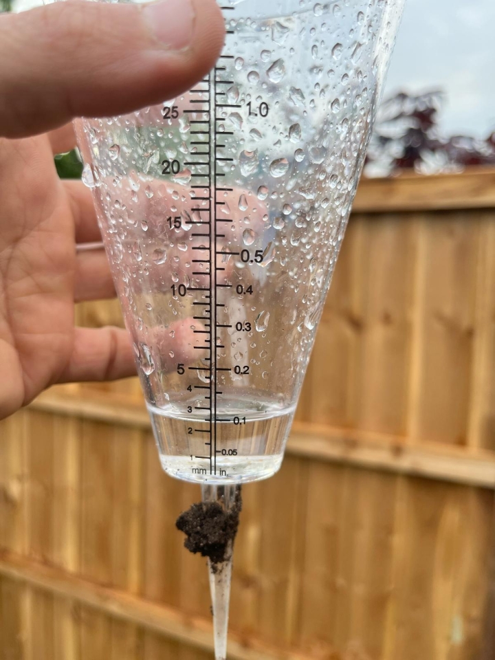 A rain gauge being held up following a light rain shower | Kingsbury Lawn Care