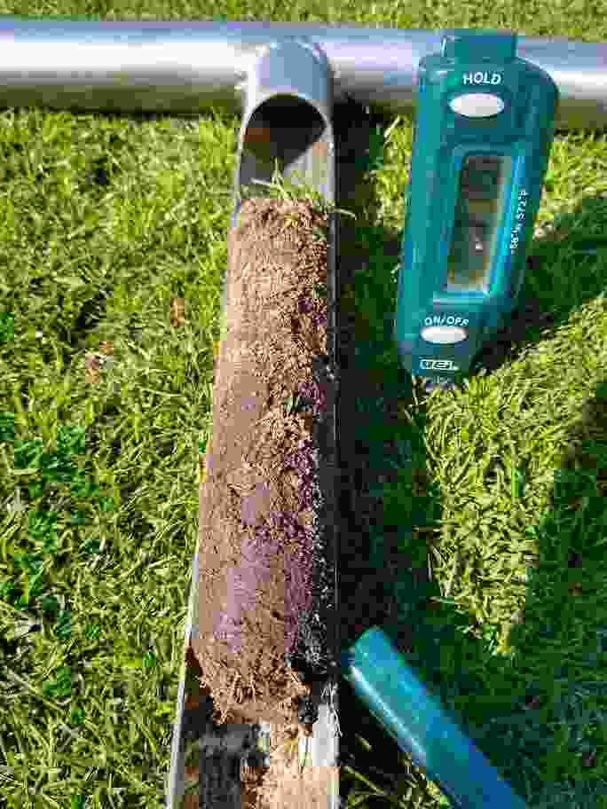 This image shows how lawn services are making a difference with a soil sample removed from the lawn showing an improving grass root structure